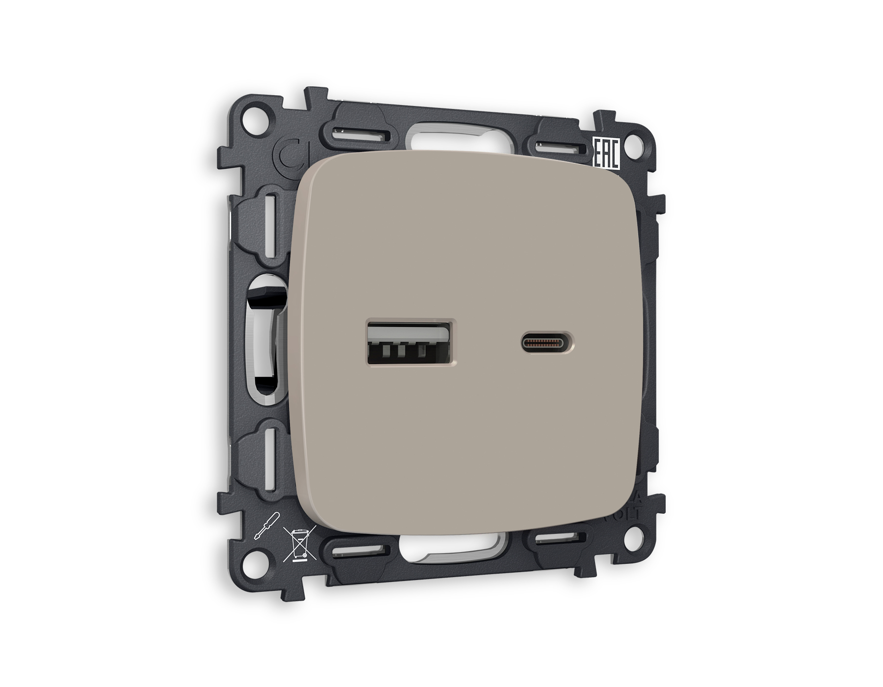 MO371010 Комплект механизма розетки OMEGA Серо-бежевый матовый 2USB A+C 20W б/зарQUANT(OP3710,VM177)