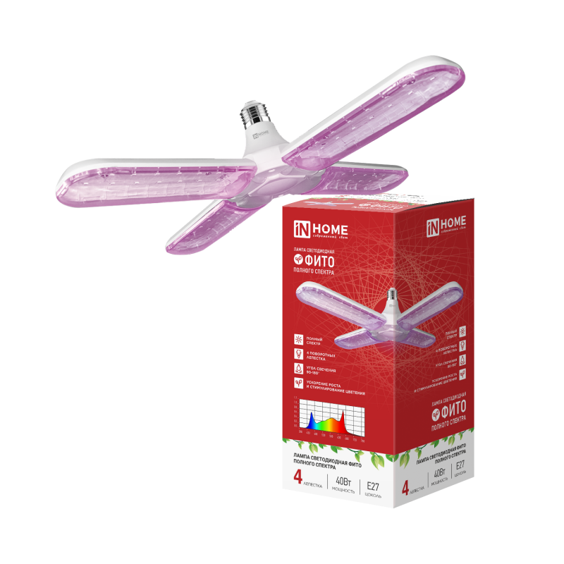 Лампа светодиодная LED-HP 40STD-ФИТО красно-синий спектр 40Вт 230В Е27 четыре лепестка IN HOME