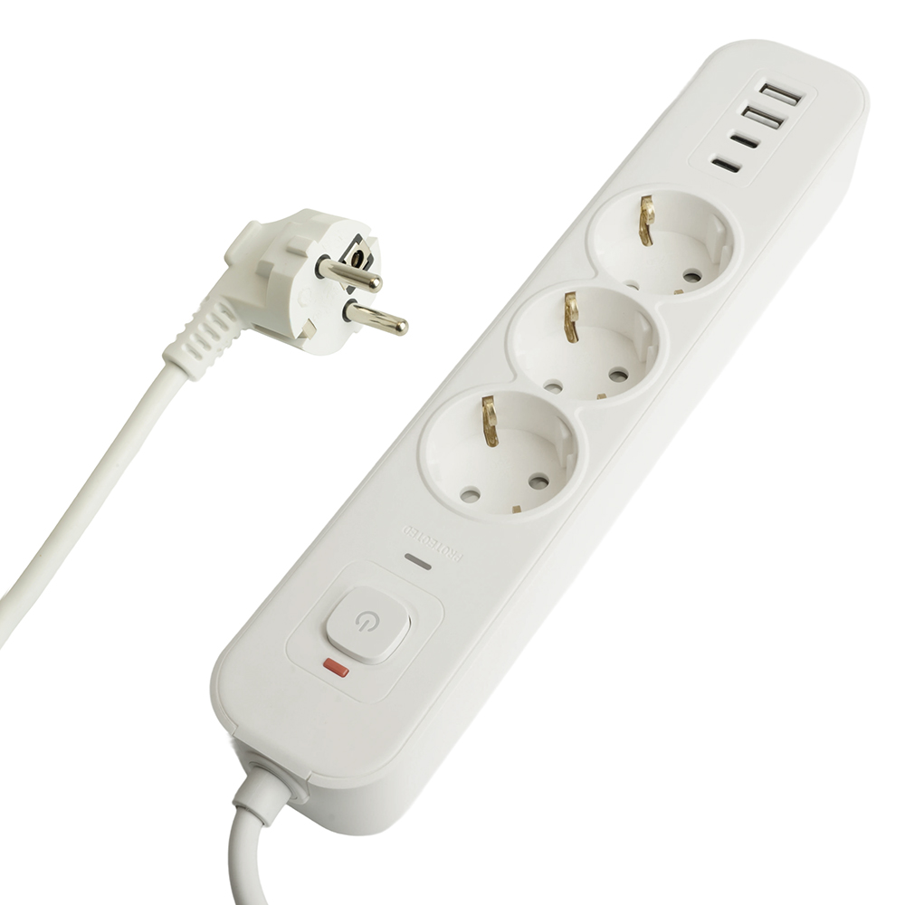 Сетевой фильтр 3-местный с/з 3x1мм2, 5 м, 250В, 16А, 2 USB-A+2 Type-C 3, серия Nova, HM21-31-05, бел
