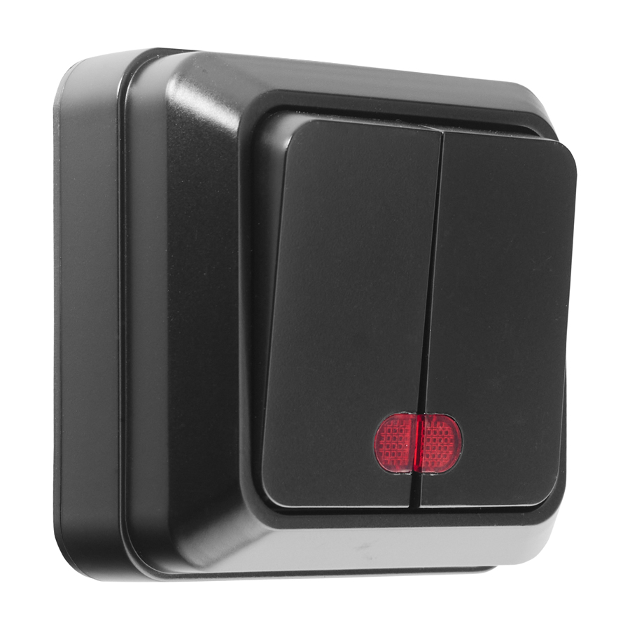 Выключатель 2-кл. открытой установки с подсветкой IP20 10А, черный  "Альфа" General