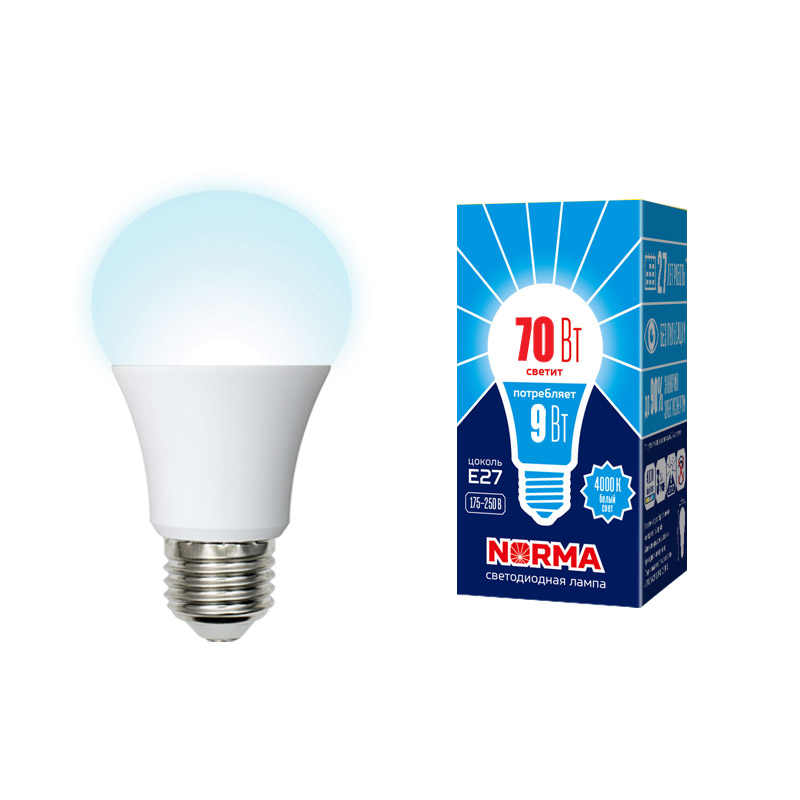 Лампа светодиодная VOLPE LED-A60-9W/4000K/E27/FR/NR картон серия Norma