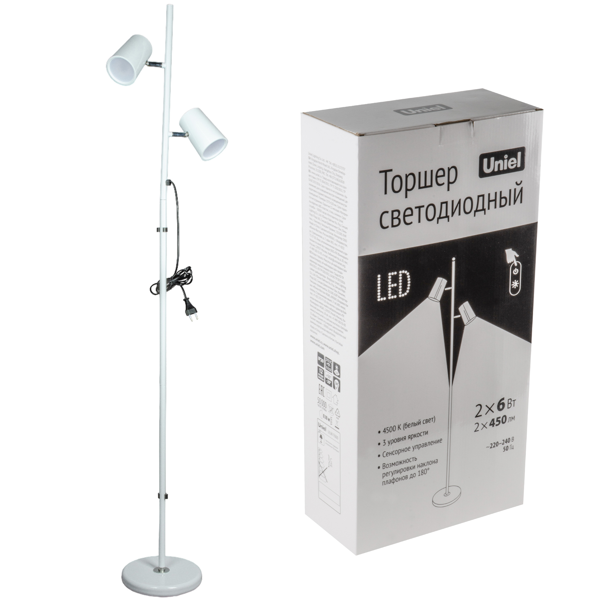 Торшер напольный светодиодный ULM-T600 2х6W-4500K-DIM WHITE 2х6W. Сенсор.Диммер. Белый