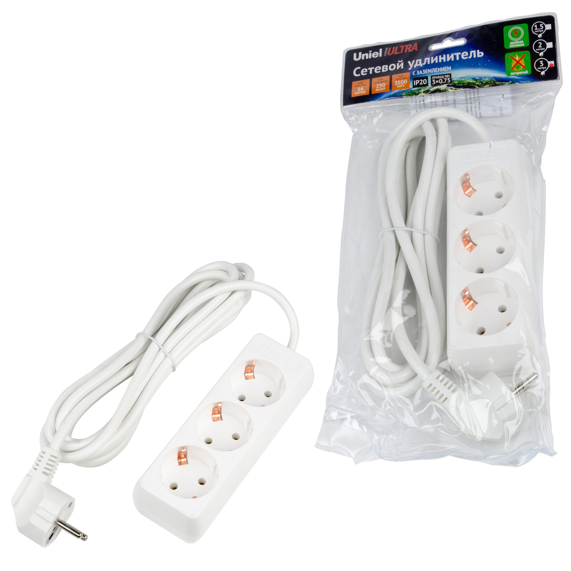 Удлинитель UNIEL S-GCU3-3 WHITE шнур 3м., 3 гнезда, 16A, с/з. Белый. серии Ultra