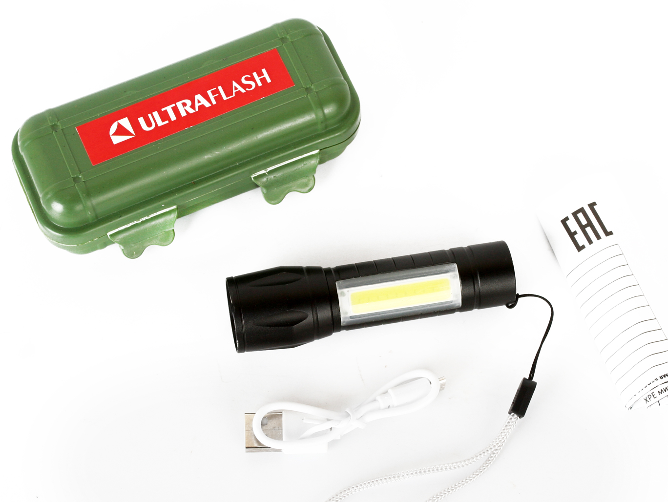 Фонарь ULTRAFLASH E1337 аккум. 3,7В, черный, XPE + COB LED, 3 Вт, 3 реж., Micro - USB, бокс
