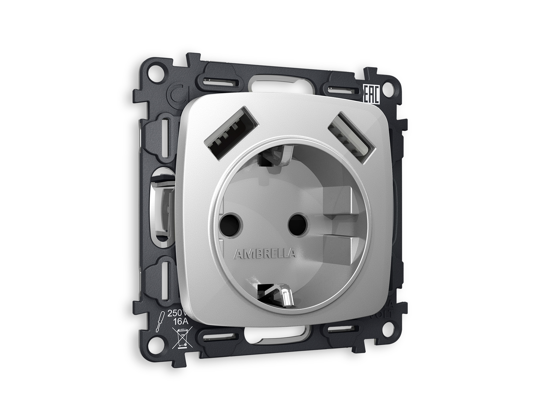 MO409010 Комплект механизма электр розетки OMEGA Серебро глянец 2USB A+A 18W с/з QUANT(OP4090,VM155)