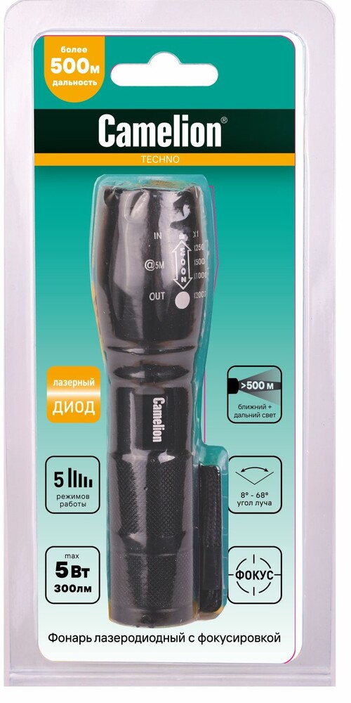 Фонарь CAMELION LED51530 черный LED XML-T6 ZOOM 5 реж 3XLR03 алюм. откр. блистер