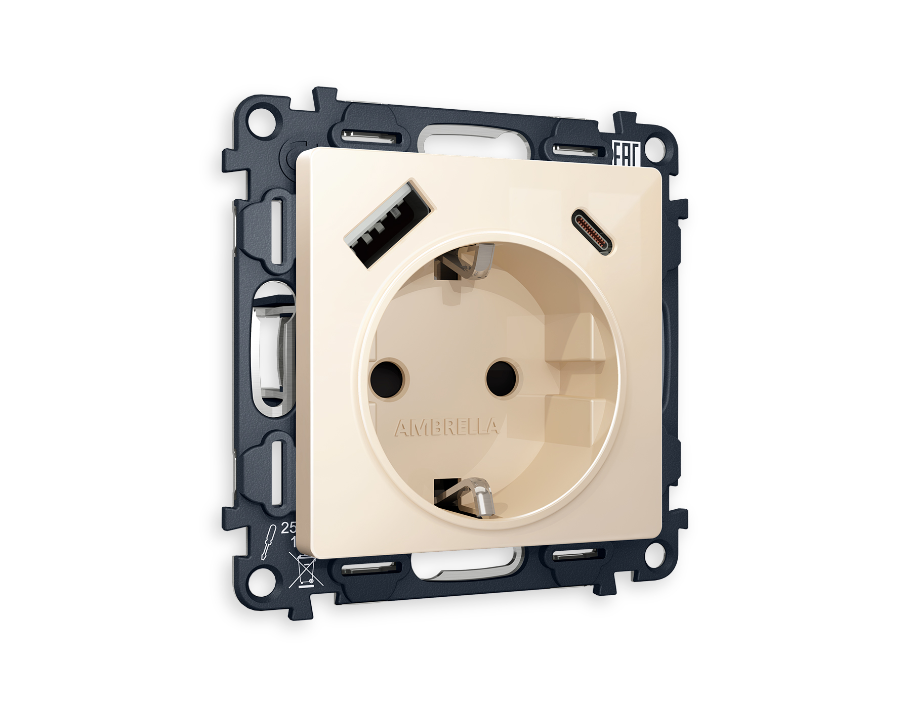 MA310010 Комплект механизма электр розетки ALFA Бежевый глянец 2USB A+C 20W QUANT (AP3100,VM160) 