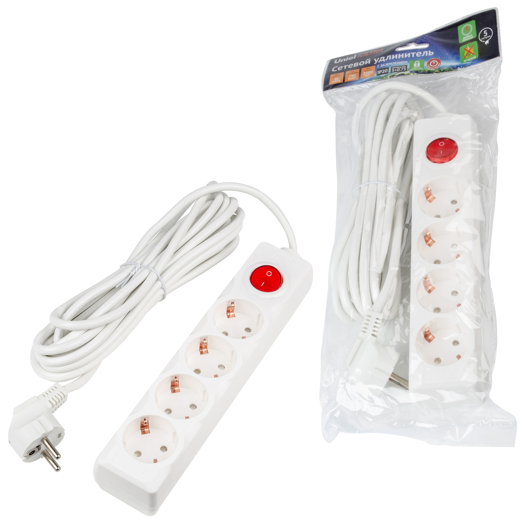 Удлинитель UNIEL S-GCU4-5B WHITE шнур 5м., 4 гнезда, 16A, с/з. Белый. серии Ultra