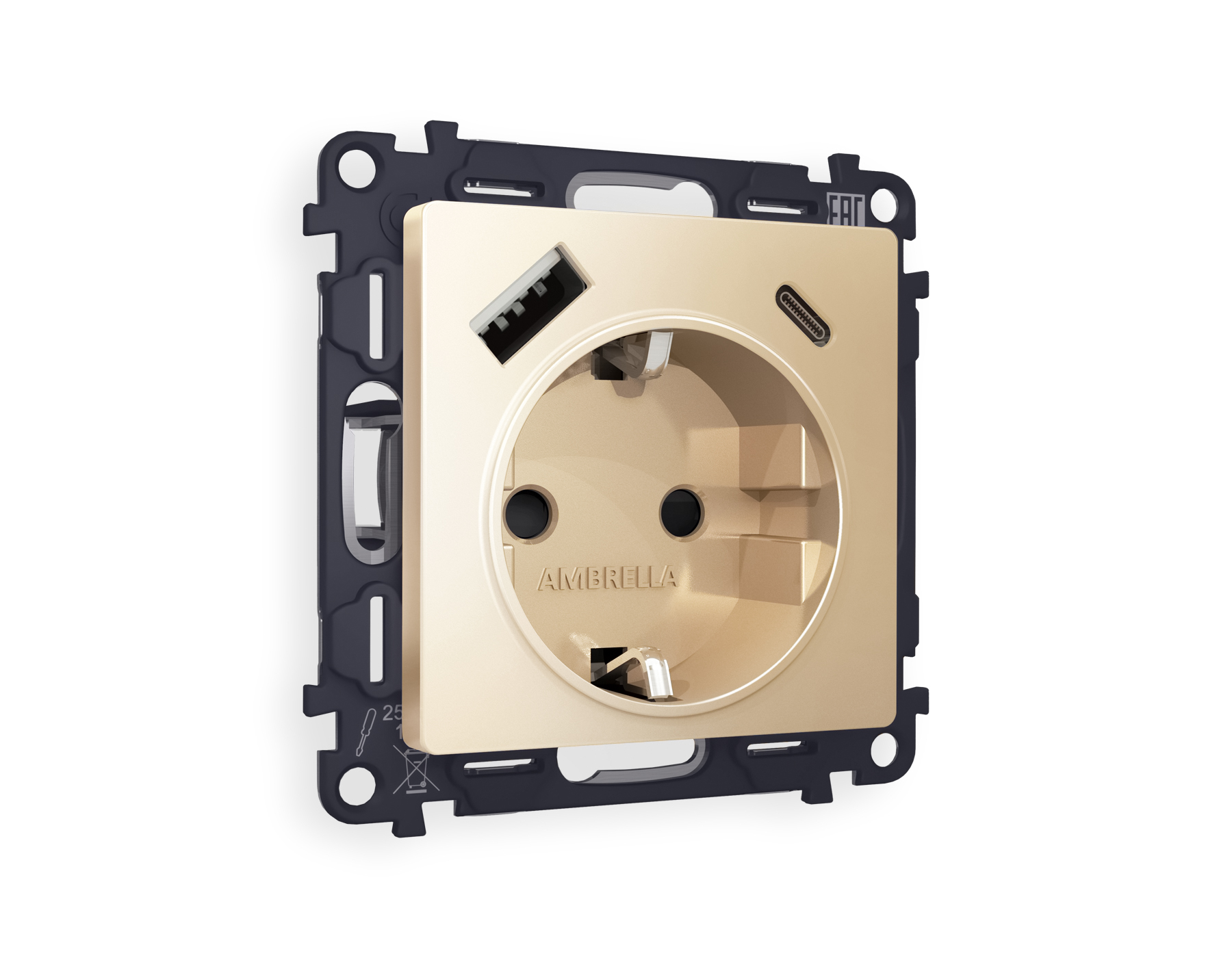 MA610010 Комплект механизма электр розетки ALFA Шампань 2USB A+C 20W с/з QUANT (AP6100, VM160) 