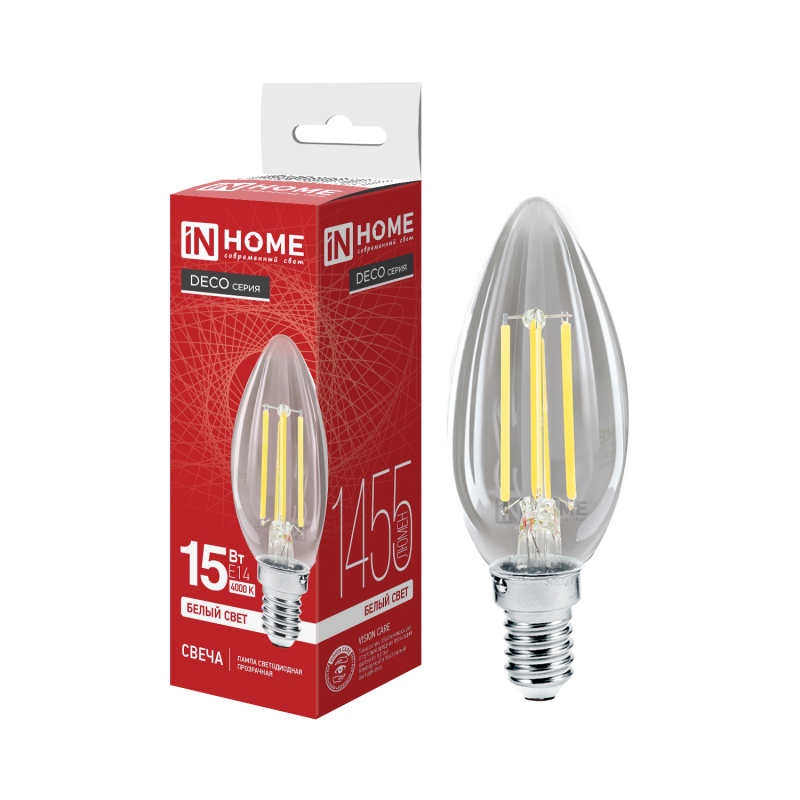 Лампа светодиодная IN HOME LED-СВЕЧА-deco 15Вт 230В Е14 4000К 1455Лм прозрачная 