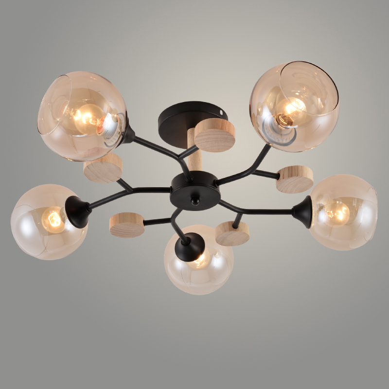 Люстра XA1501/5 BK+WOOD черный/дерево 5х60W E27 d640 h220, HN24