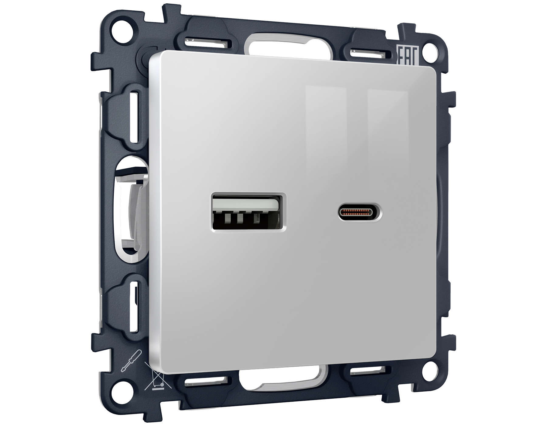 MA411010 Комплект механизма розетки ALFA Серебро глянец 2USB A+C 20W QUANT (AP4110,VM177)