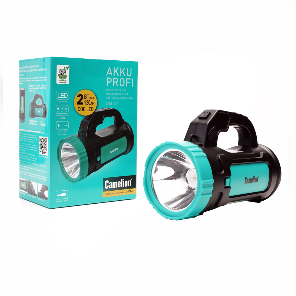 Фонарь CAMELION LED51527 аккум. черн/зел 1LED+COB 4 реж. Type C,3 x LR6 2Вт пластик кор.
