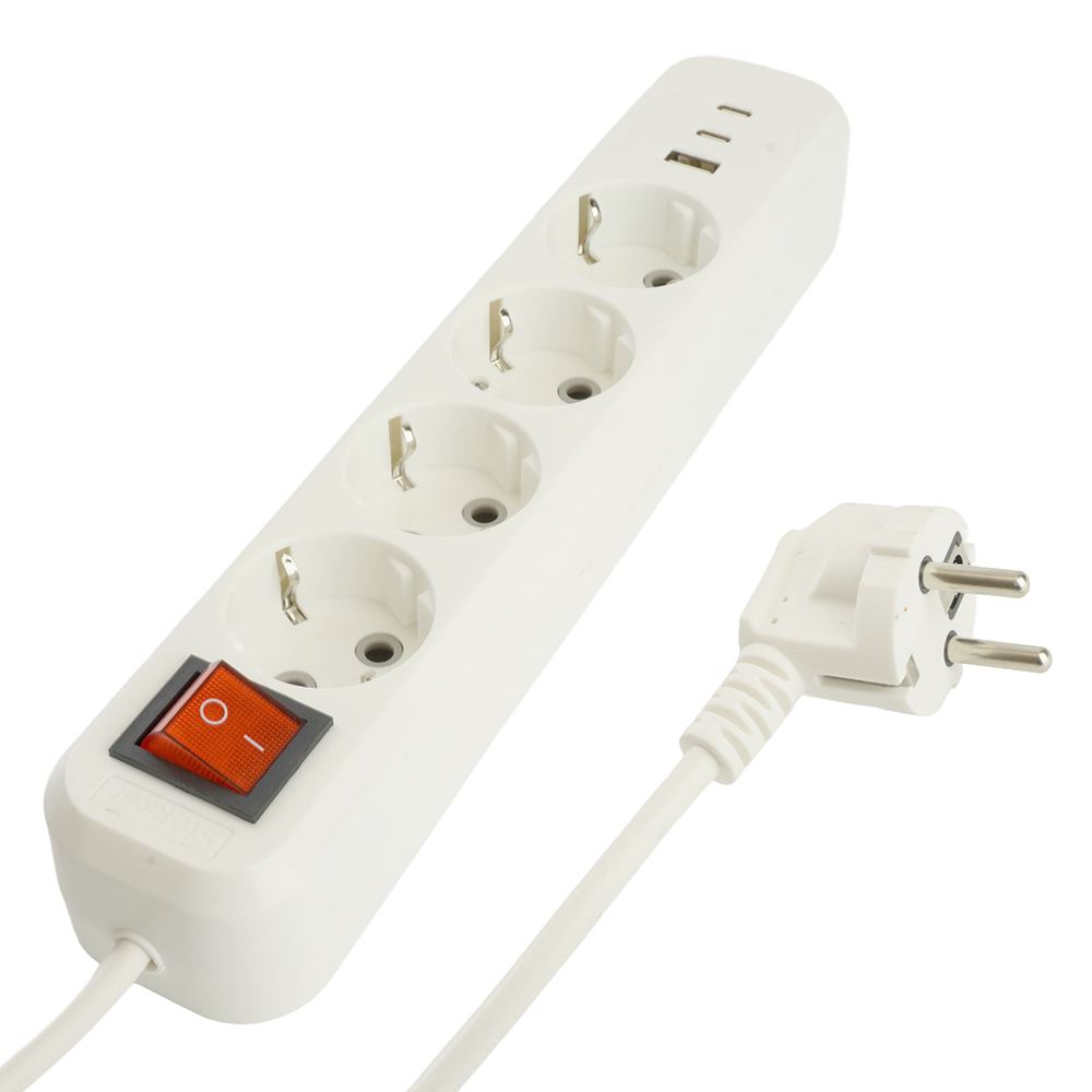 Удлинитель 4-местный с/з с выключ., 3x1мм2, 5м, 250В, 16А, 1USB+2C, 2.4A, сер Home, HM071-41-05, бел