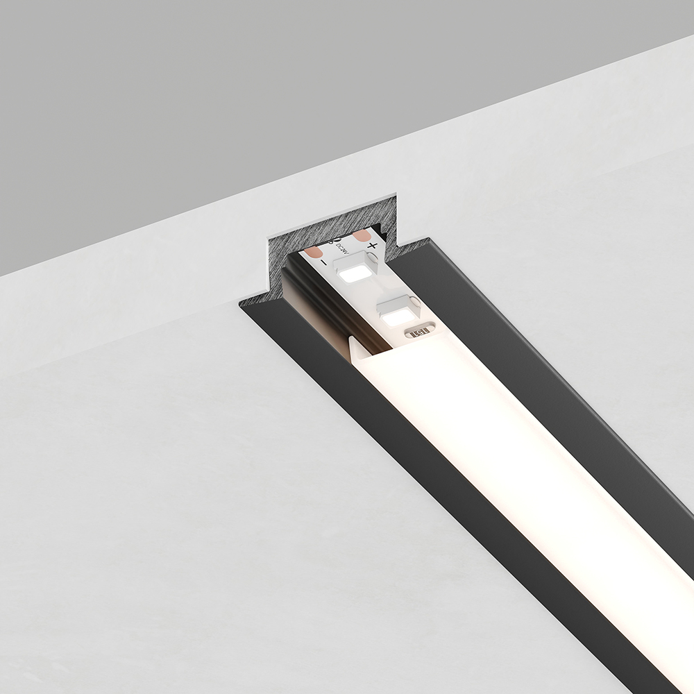 Профиль алюминиевый встраиваемый без крепежей, черный, CAB251 с матовым экраном, 2 заглушками в комп