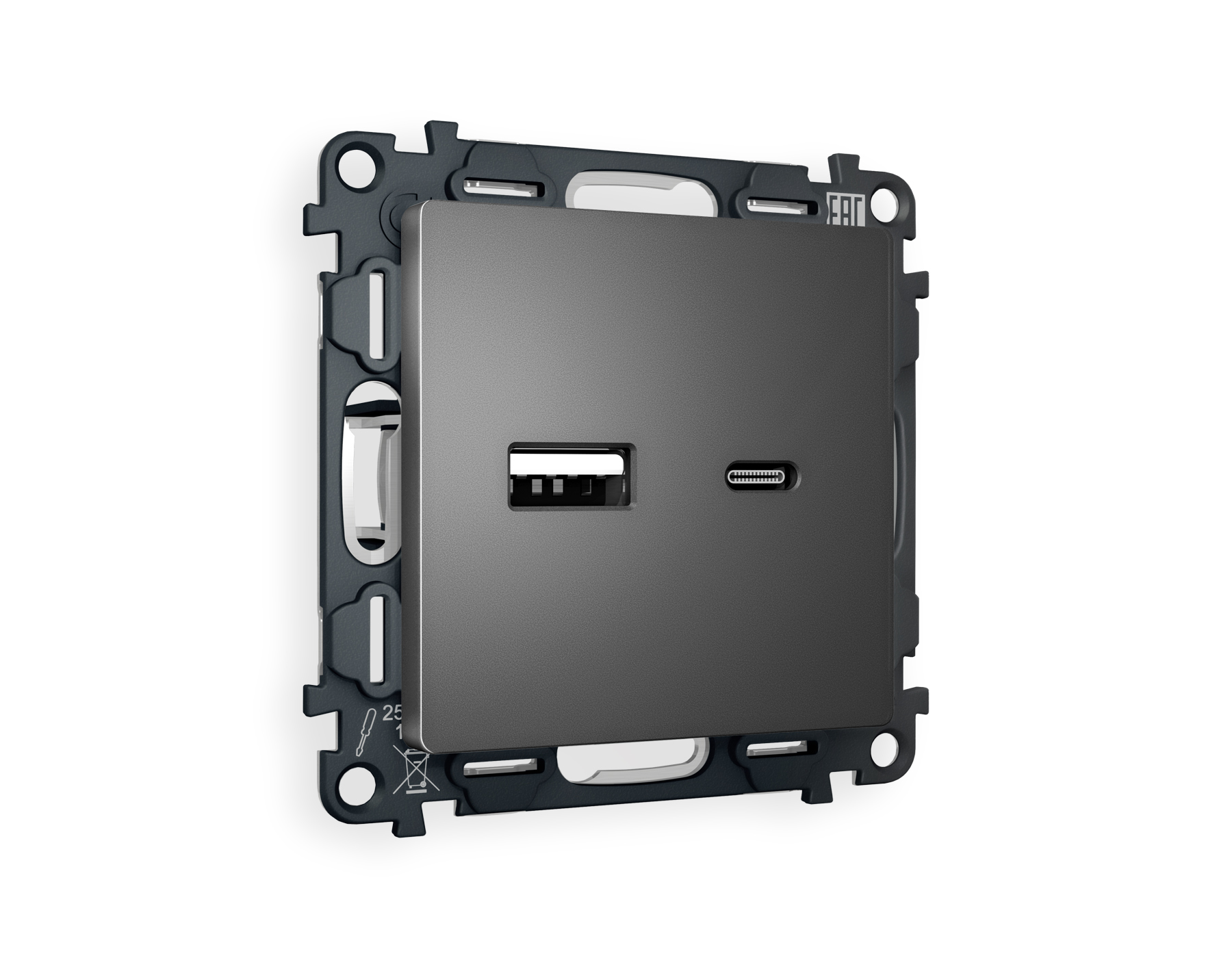 MA661010 Комплект механизма розетки ALFA Антрацит серый 2USB A+C 20W QUANT (AP6610,VM177)