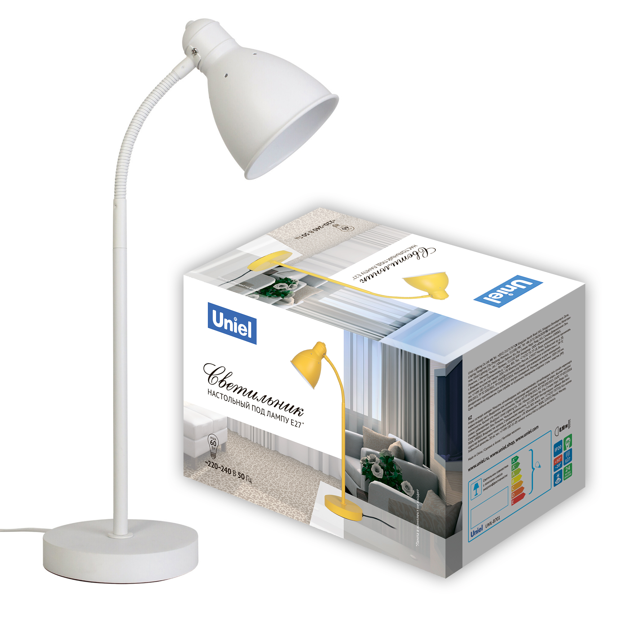 Светильник настольный UNIEL UML-B701 E27 WHITE  60W. Цоколь Е27. Механический выключатель. Белый.
