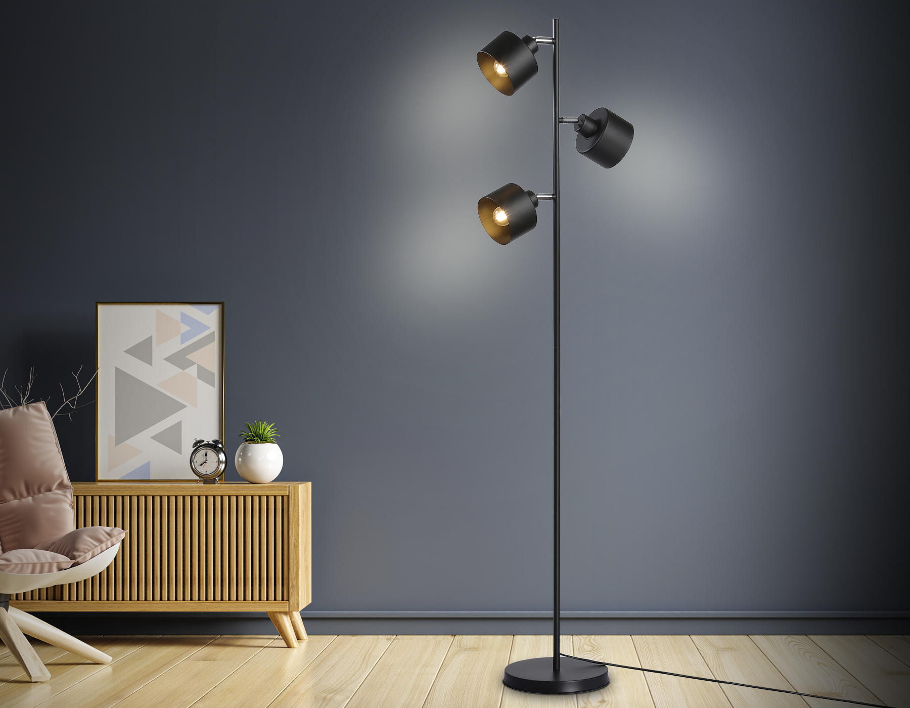 Светильник напольный со сменной лампой в стиле лофт TR8155/3 BK черный E27*3 max 40W D370*1530 