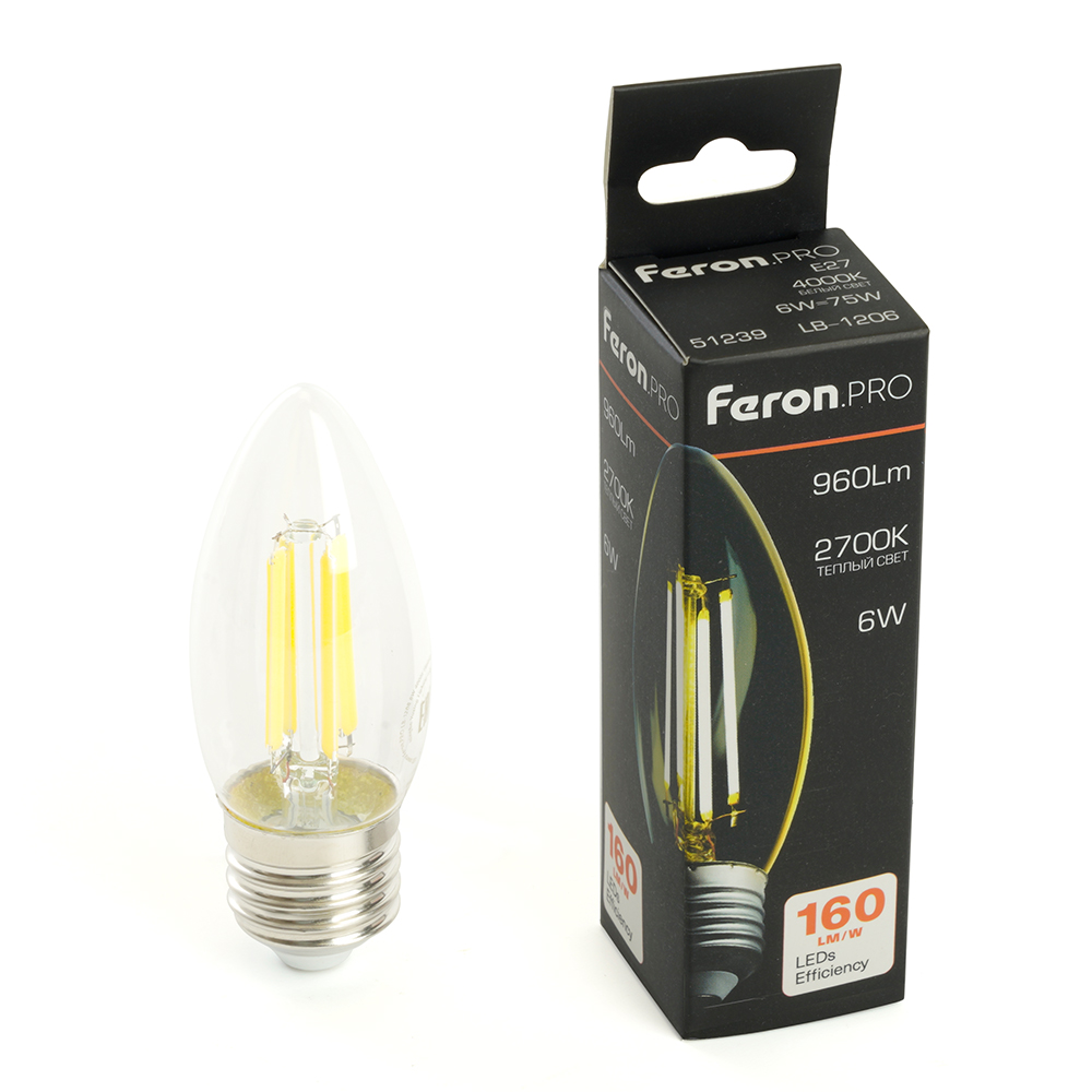 Лампа светодиодная FERON PRO LB-1206 (6W) 230V E27 2700K C35 прозрачная 