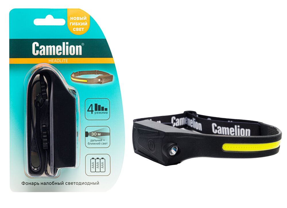 Фонарь CAMELION LED5383 налобн, черный, лента  каучук. COB+LED, 4 реж, 3XAAA, пласт, рез, сэндвич