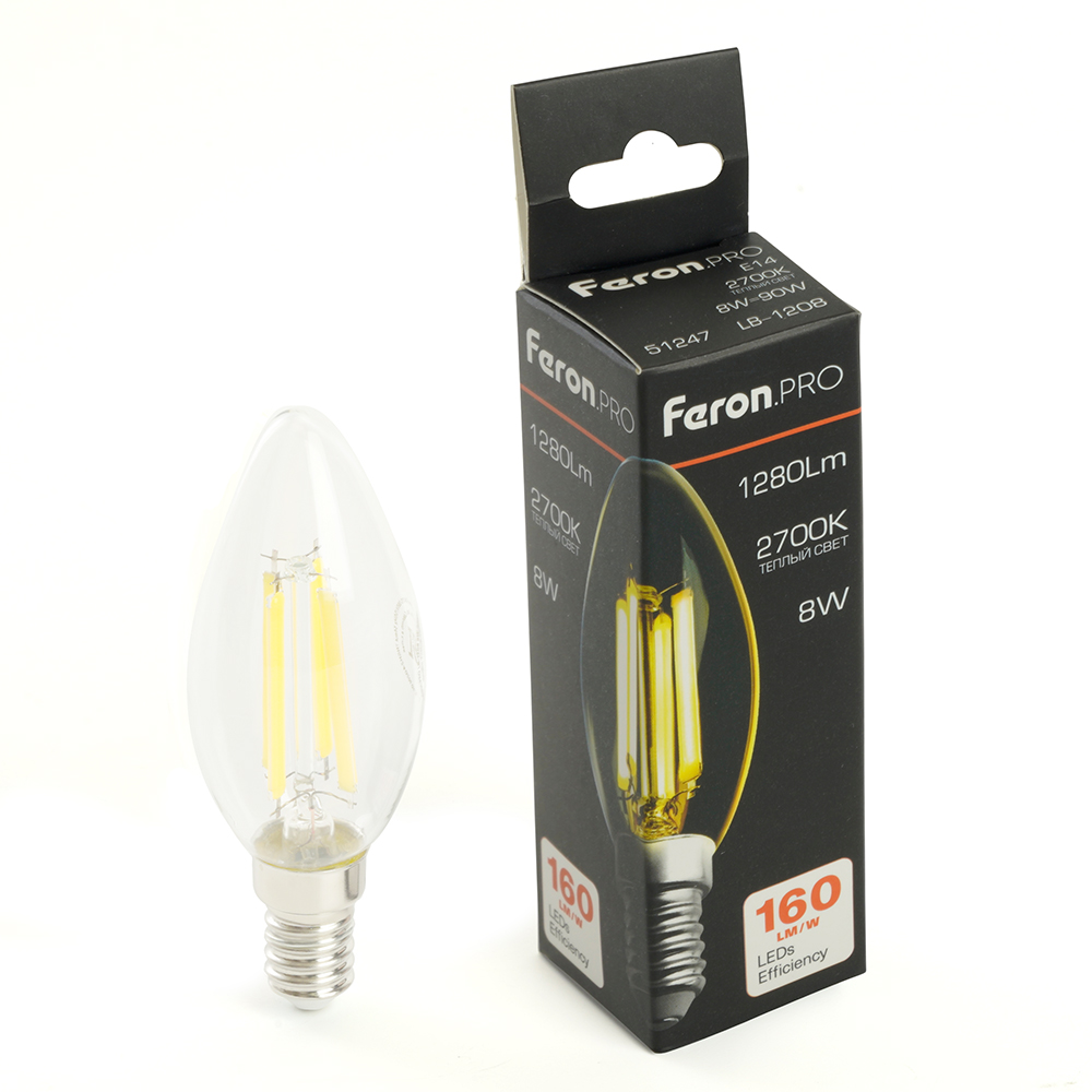 Лампа светодиодная FERON PRO LB-1208 (8W) 230V E14 2700K C35 прозрачная