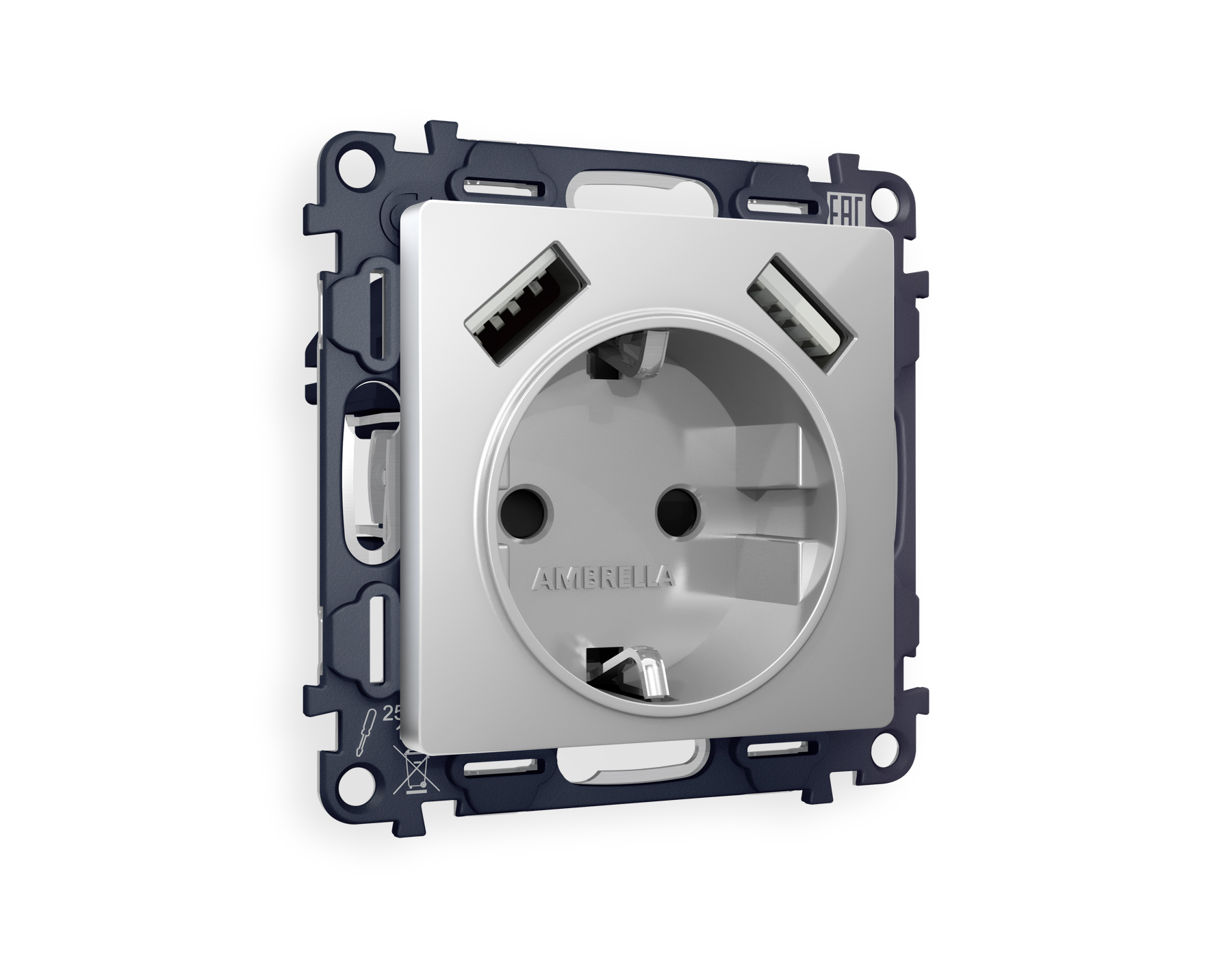 MA409010 Комплект механизма электр розетки ALFA Серебро глянец 2USB A+A 18W с/з QUANT (AP4090,VM155)