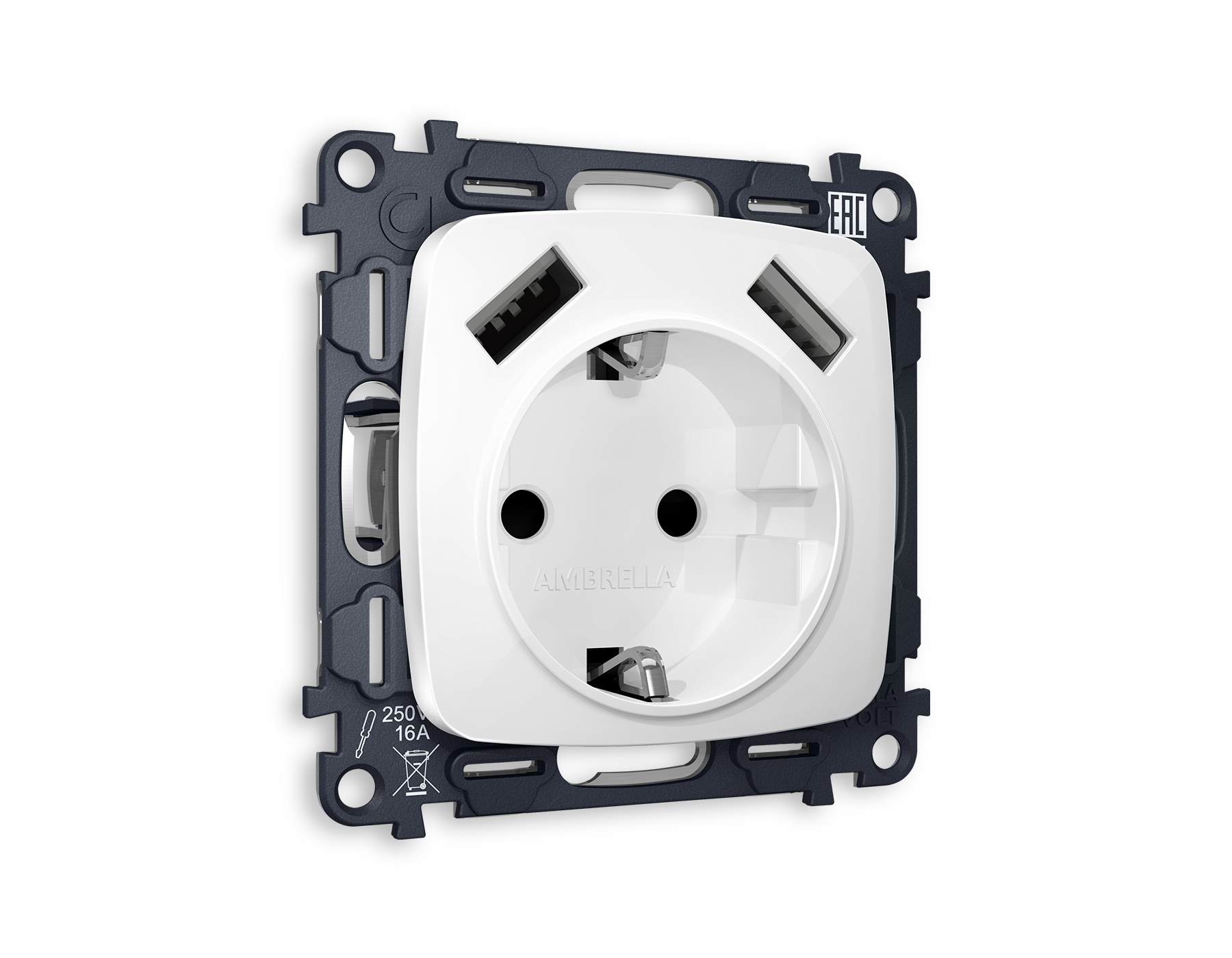 MO109010 Комплект механизма электр розетки OMEGA Белый глянец 2USB A+A 18W с/з QUANT (OP1090,VM155)