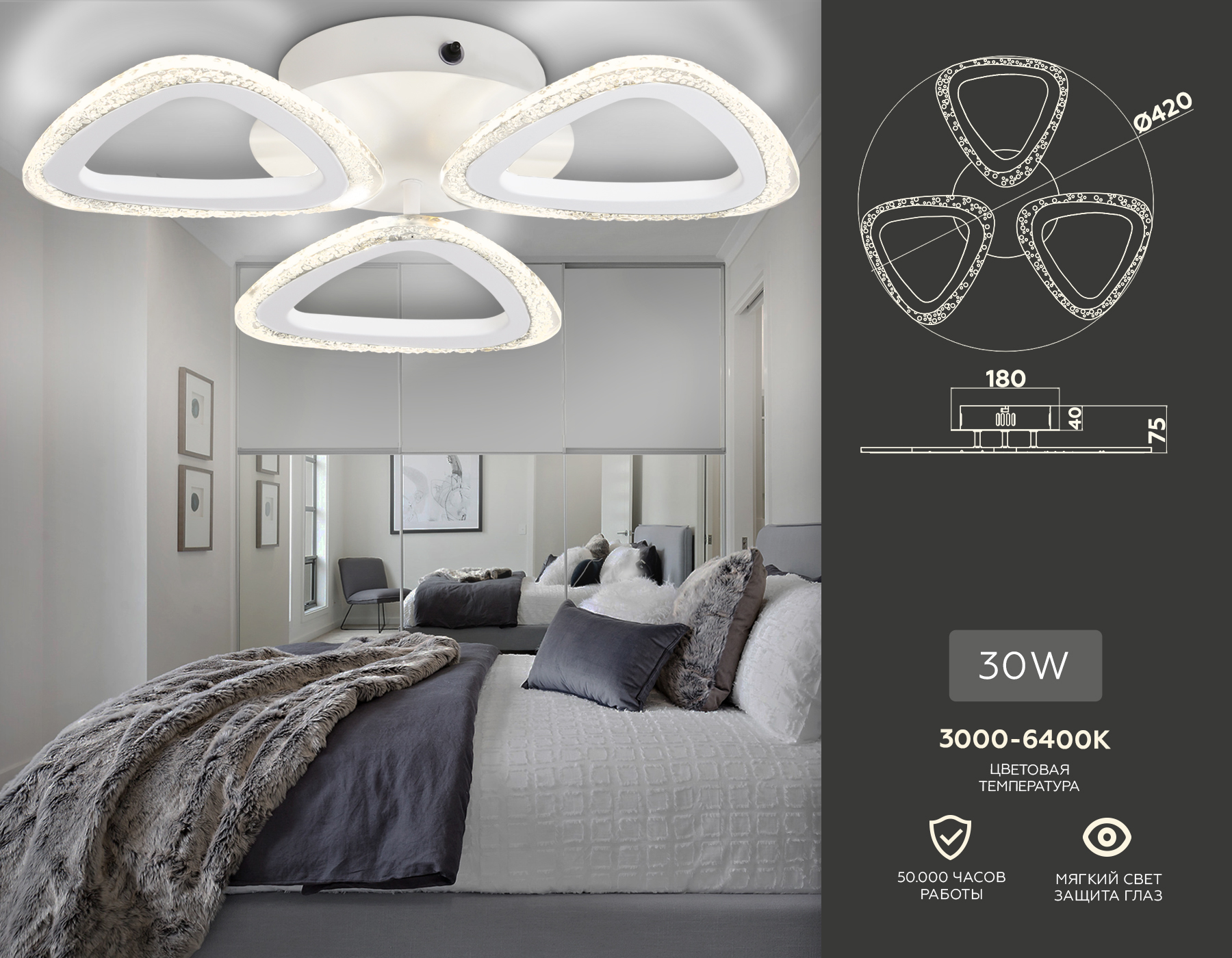 Светильник Ambrella FA4508/3 WH белый 30W 4200K/3000K/6400K D420*75 (ПДУ ИК)