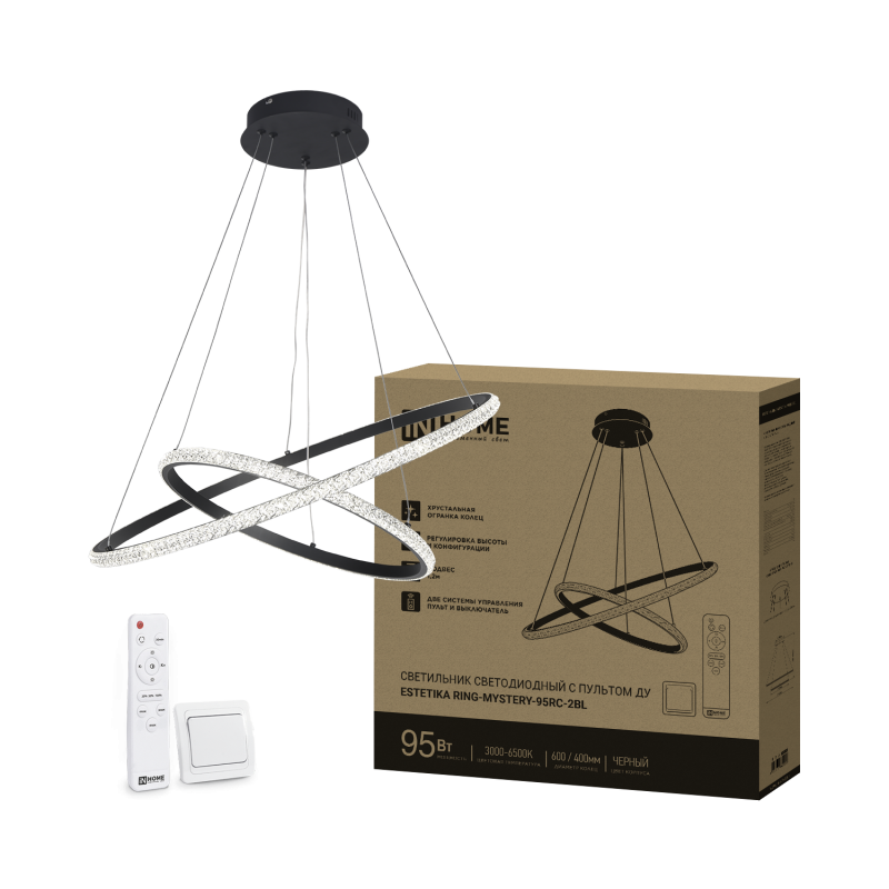 Светильник светодиодный ESTETIKA RING-MYSTERY-95RC-2BL 95Вт 3000-6500K 600/400 1.2м трос пульт ДУ
