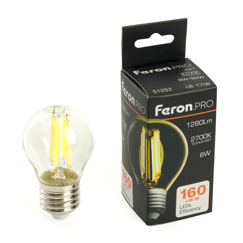 Лампа светодиодная FERON PRO LB-1708 1280LM 8W 175-265V E27 2700K G45 прозрачная 