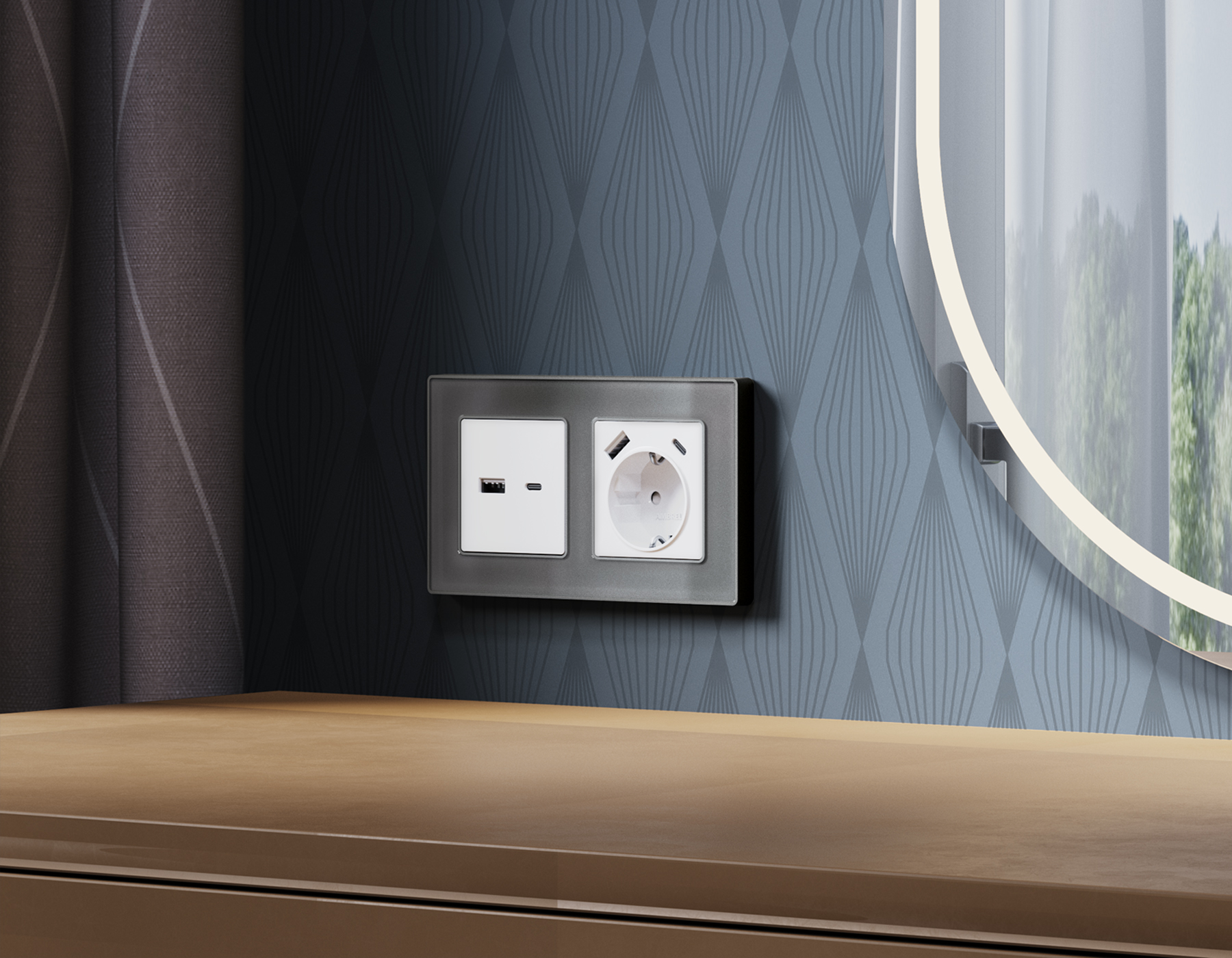 AP1300 Лицевая панель ALFA (Белый матовый) для электрической розетки с/з со шторками 2USB A+C QUANT