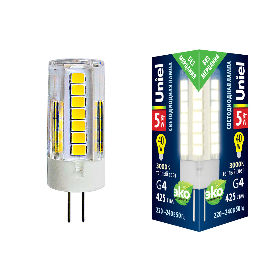 Лампа светодиодная UNIEL LED-JC-220/5W/3000K/G4/CL GLZ09TR картон