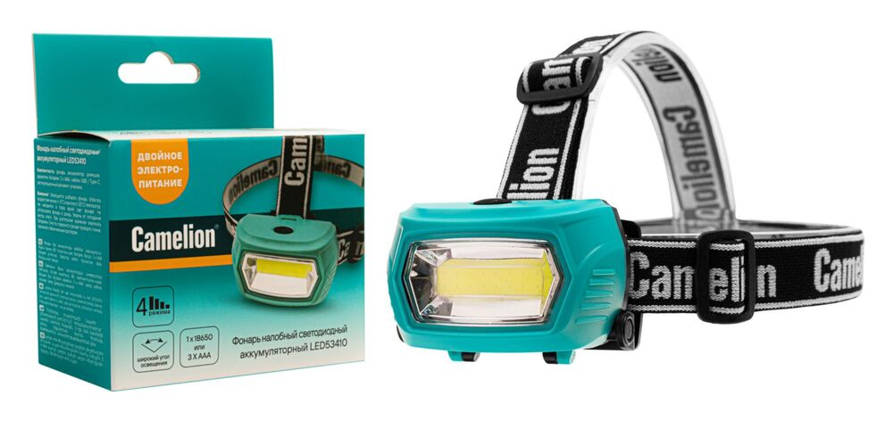 Фонарь CAMELION LED53410 (налоб, аккум 3,7В, зелен, COB, 3 Вт, 3 реж, 3 x AAA, Type-C, бокс)