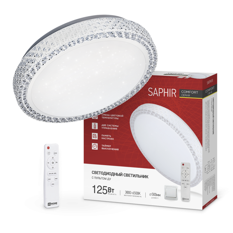 Светильник сд COMFORT SAPHIR 125Вт 230В 3000-6500K 10000Лм 500x115мм с пультом ДУ IN HOME