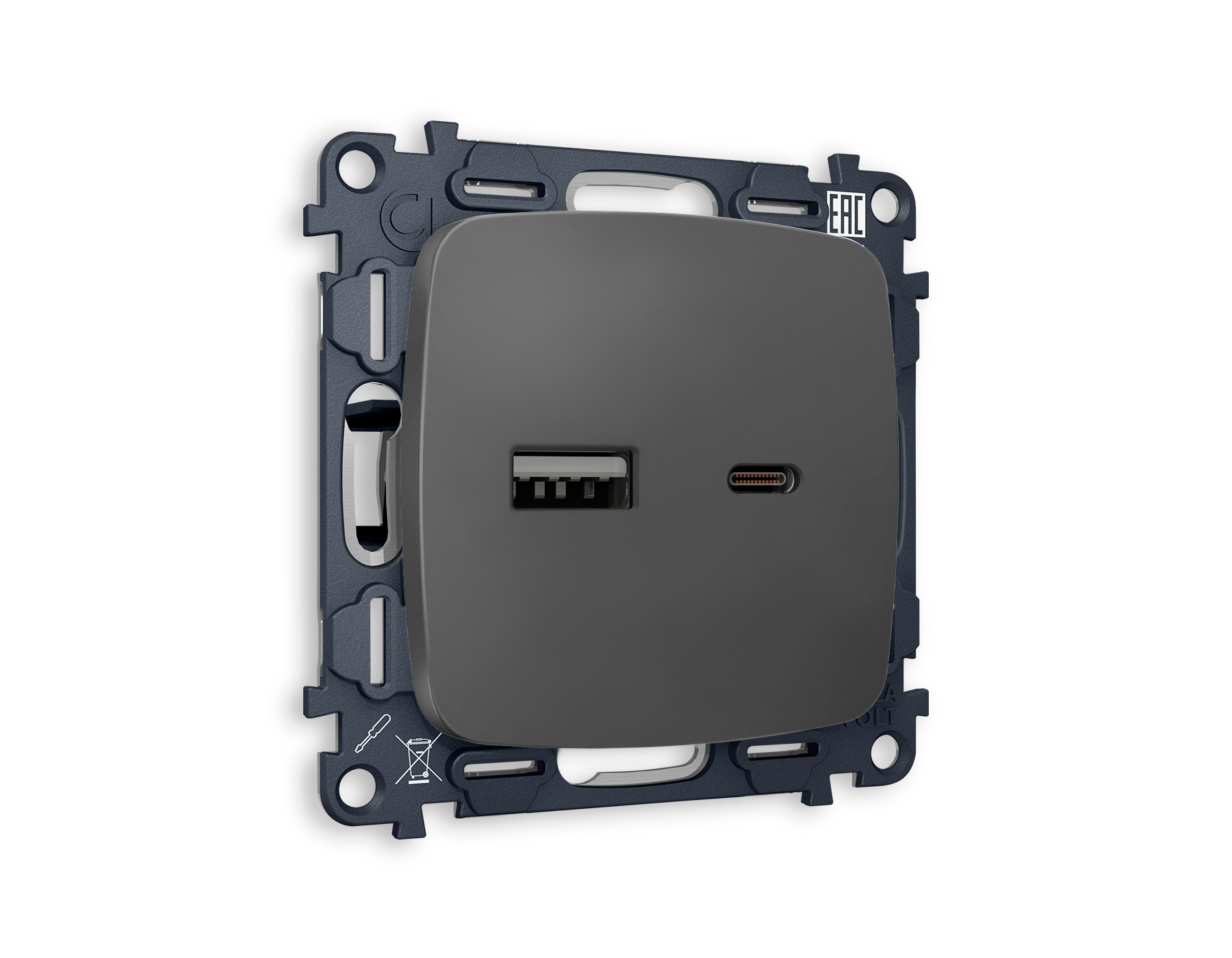 MO911010 Комплект механизма розетки OMEGA Графит мягкое касание 2USB A+C 20W QUANT(OP9110,VM177)