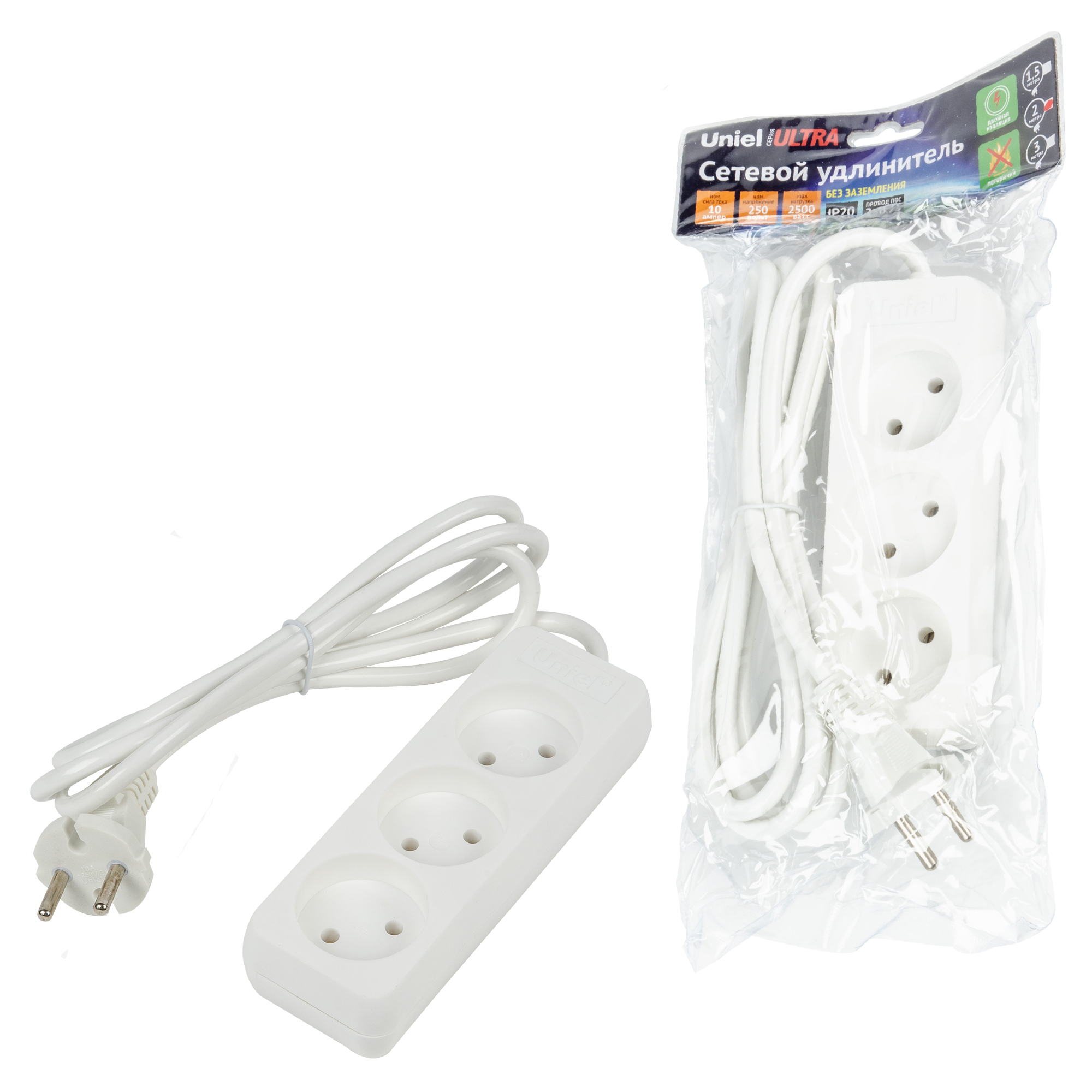 Удлинитель UNIEL S-CU3-2 WHITE шнур 2м., 3 гнезда, 10A, б/з. Белый. серии Ultra