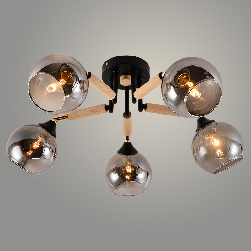 Люстра XA1570B/5 BK+FGD+WOOD черный/золото/дерево 5х60W E27 d620 h250, HN24