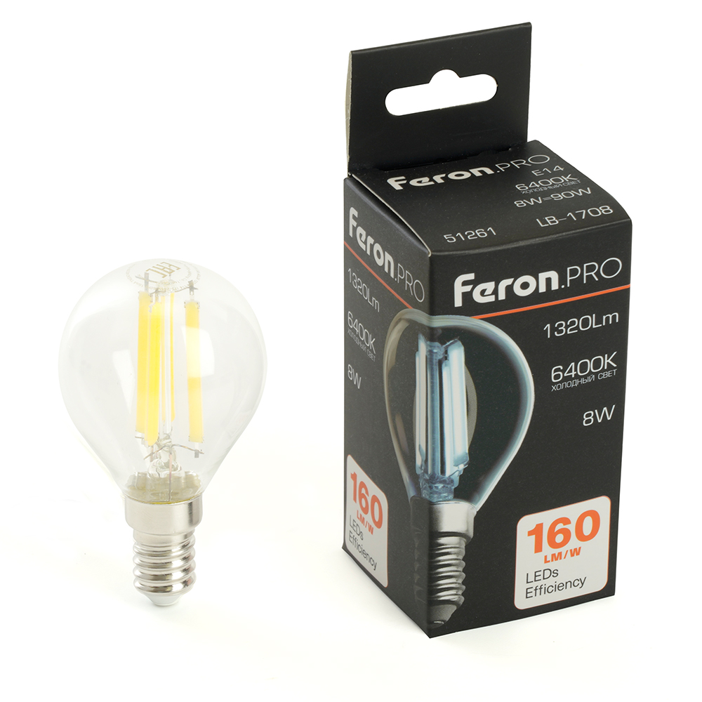 Лампа светодиодная FERON PRO LB-1708 1320LM 8W 175-265V E14 6400K G45 прозрачная 