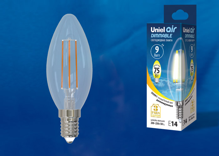 Лампа светодиодная UNIEL LED-C35-9W/3000K/E14/CL/DIM GLA01TR картон