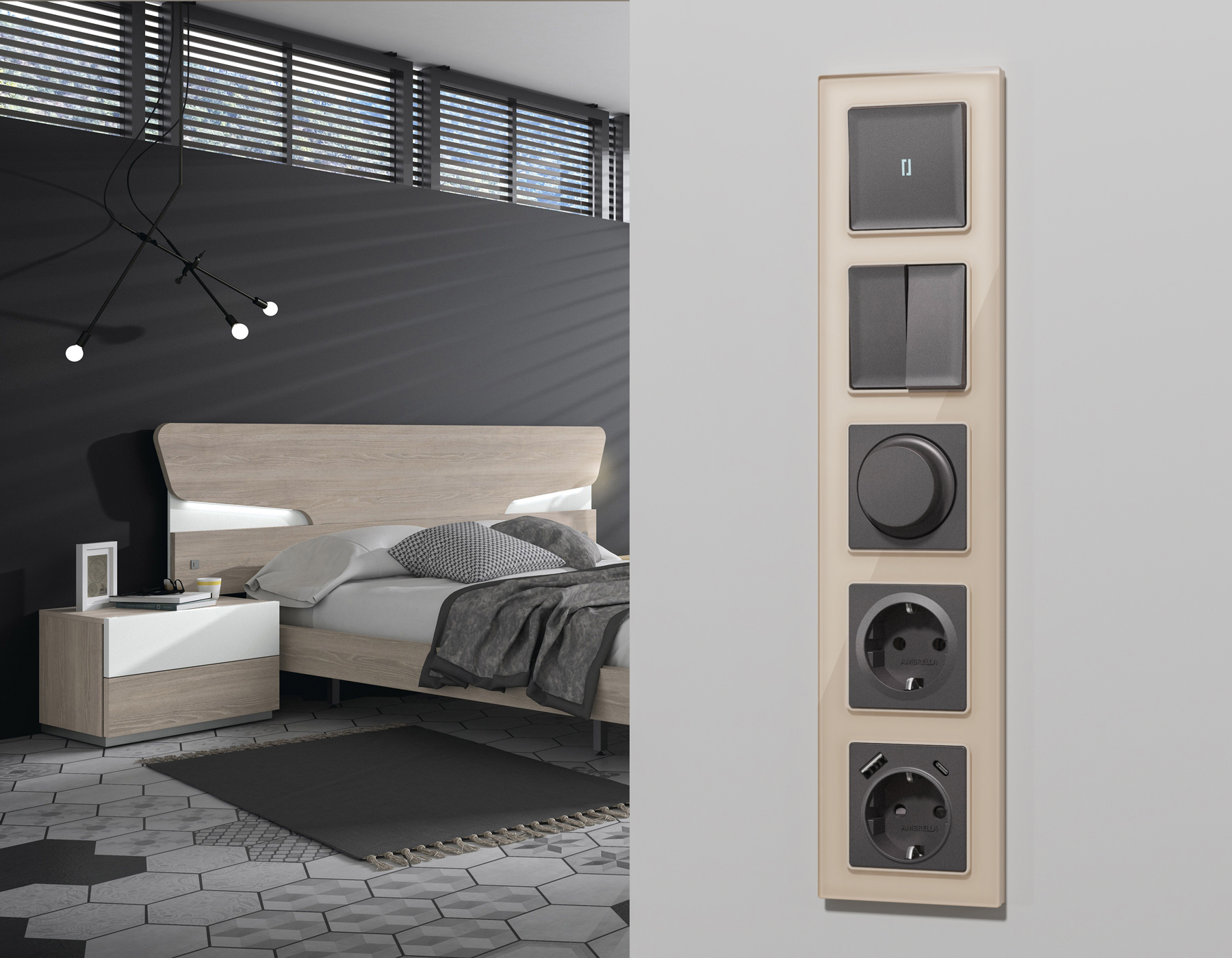 MA653030 Комплект механизма 2-клавишного перекрестного выключателя 10A-250V ALFA Антрацит серый QUAN