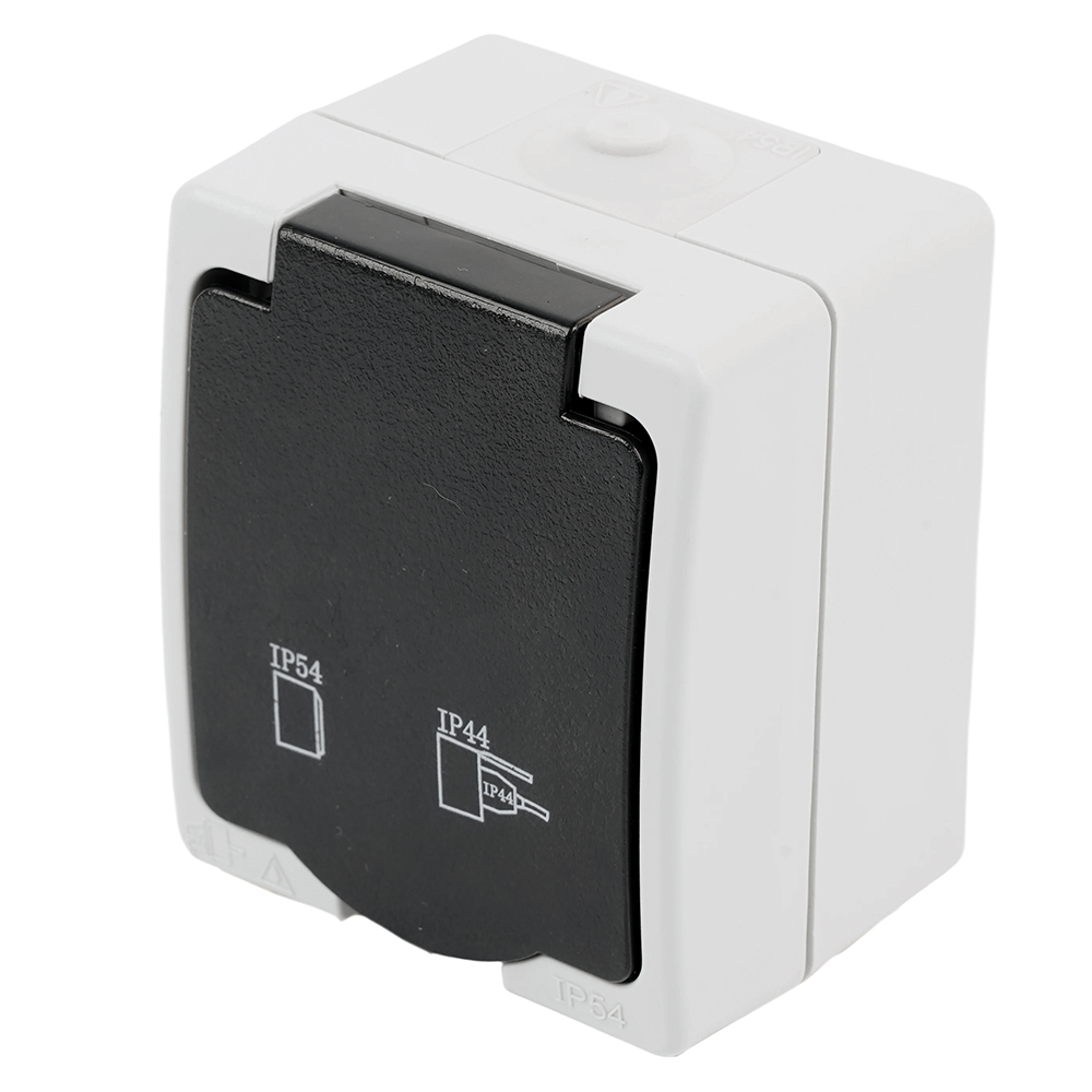 Розетка 1-местная с крышкой с/з, 250В, 16А, IP54. PST16-11-54, серый/графит