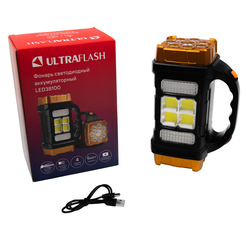 Фонарь ULTRAFLASH LED38100 акк. черн./охра, 76LED+4COB, 4 реж., Type-C, PowerBank, пласт., короб.