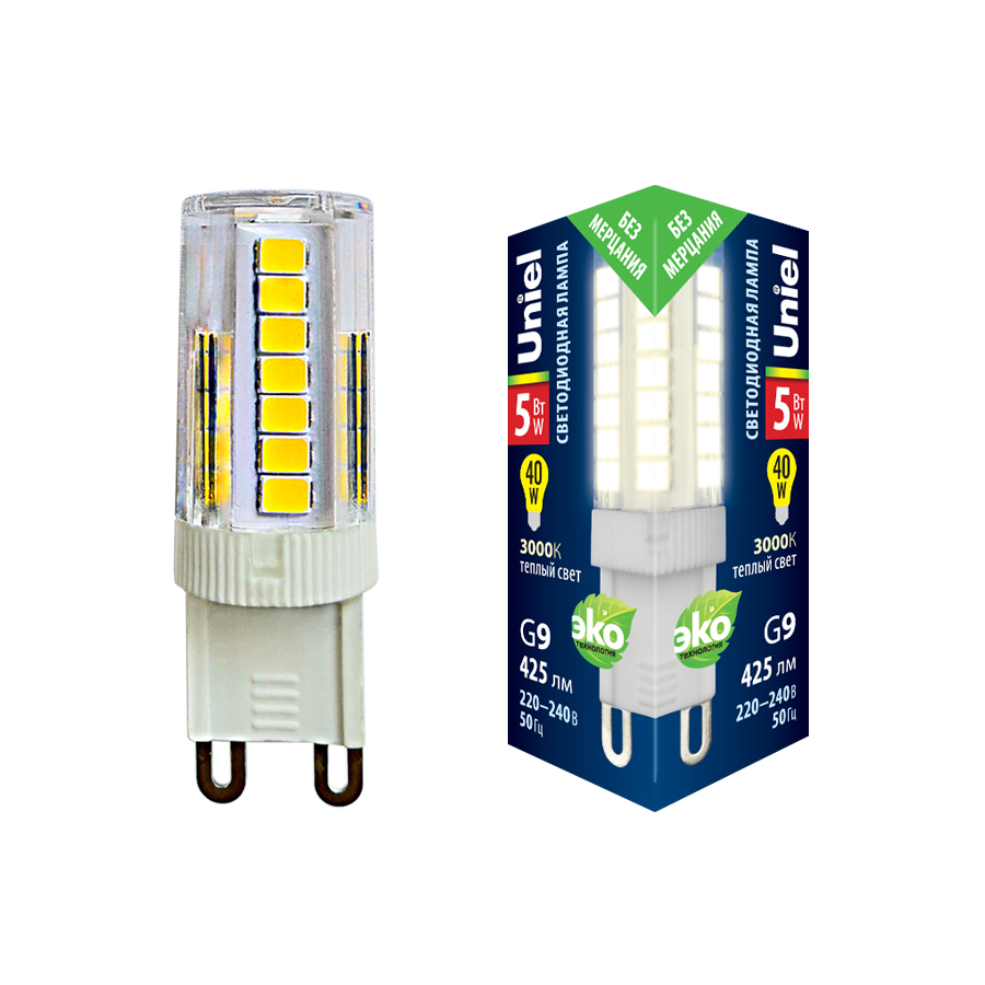 Лампа светодиодная UNIEL LED-JCD-5W/3000K/G9/CL GLZ09TR картон