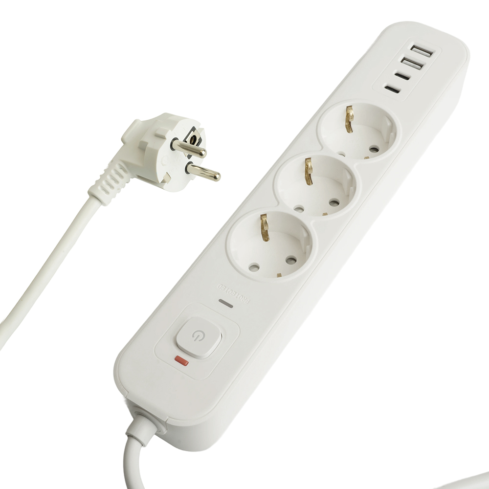 Сетевой фильтр 3-местный с/з 3x1мм2, 1,8 м, 250В, 16А, 2 USB-A+2 Type-C, серия Nova, HM21-31-02, бел
