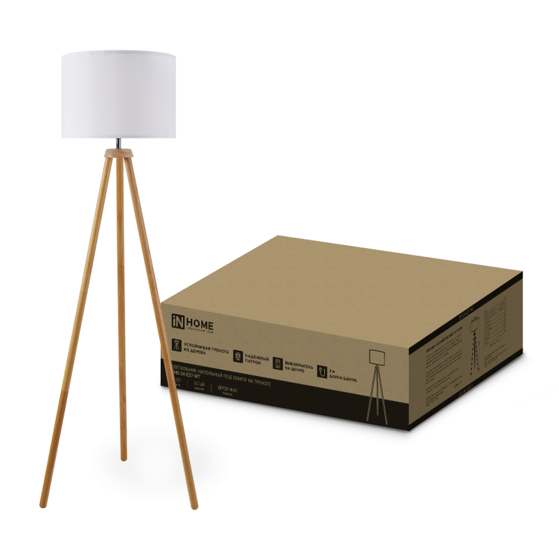 Светильник напольный под лампу ТНО 24-Е27-WT 230В белый абажур, деревянная тренога IN HOME