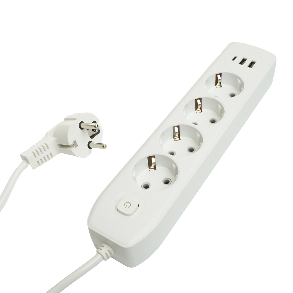 Удлинитель 4-местный c/з 3x1 мм2, 1,8 м, 250В, 10А, 2USB+1Type-C 2,4А, серия Home, белый STEKKER HM0
