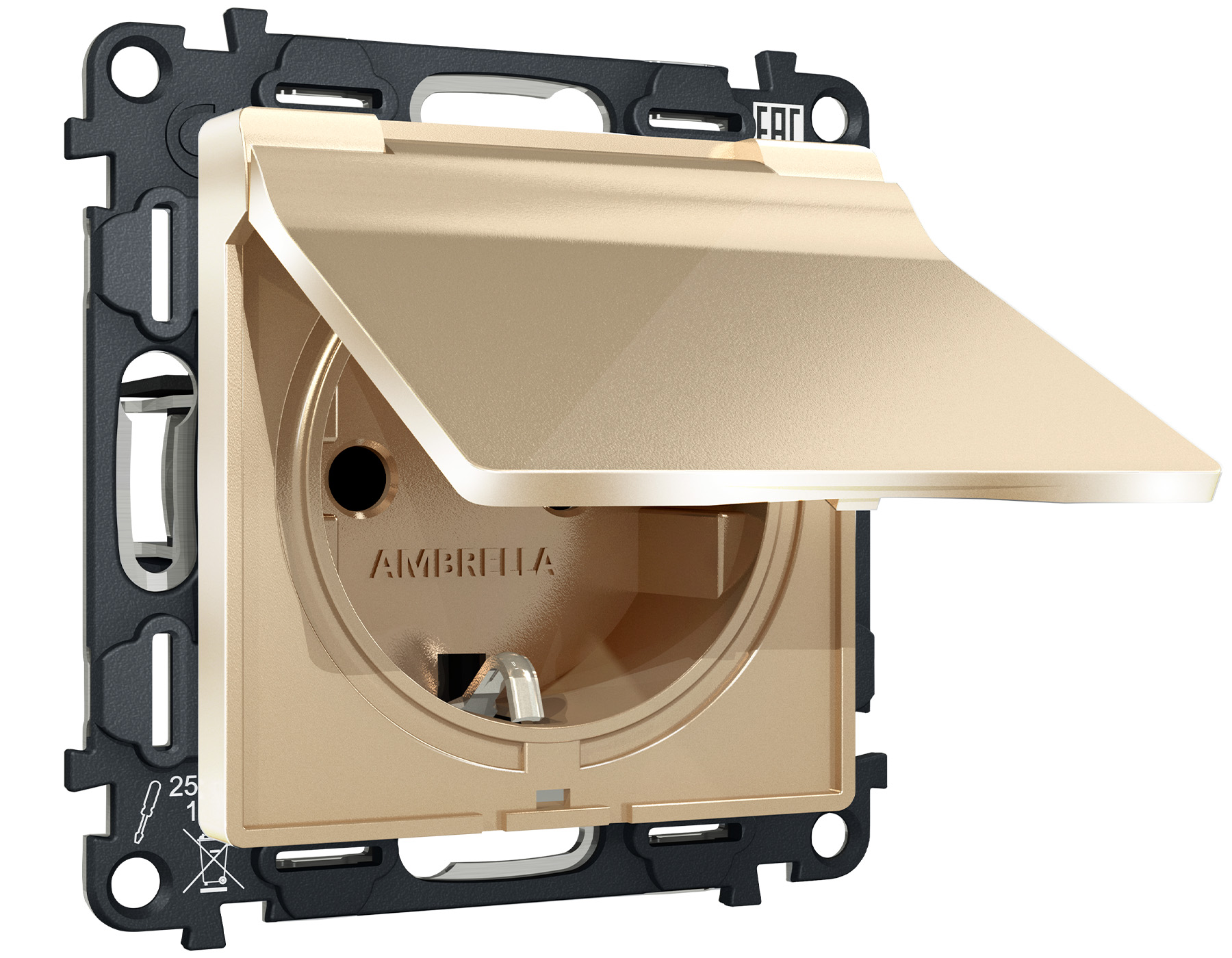 MA608010 Комплект механизма электр розетки ALFA Шампань с/з шторк/крышкой IP44 QUANT (AP6080,VM141)