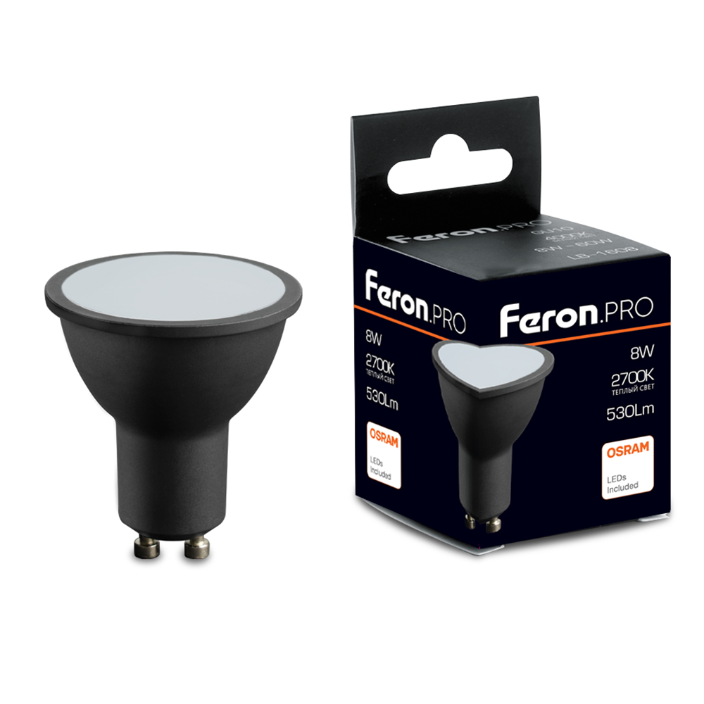 Лампа светодиодная FERON LB-1608 8W 230V GU10 2700K MR16 в черном корпусе