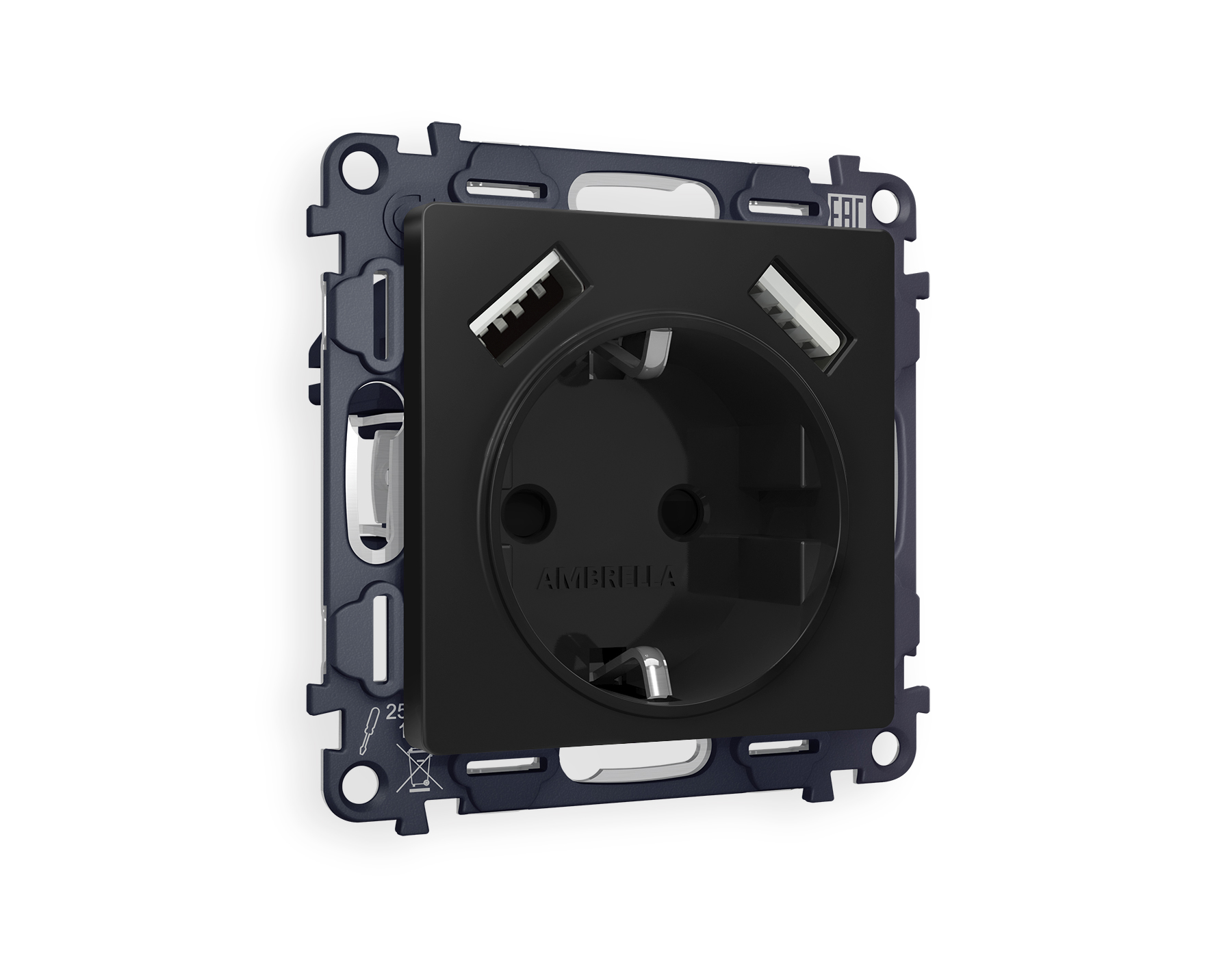 MA809010 Комплект механизма электр розетки ALFA Черный матовый 2USB A+A 18W с/з QUANT (AP8090,VM155)