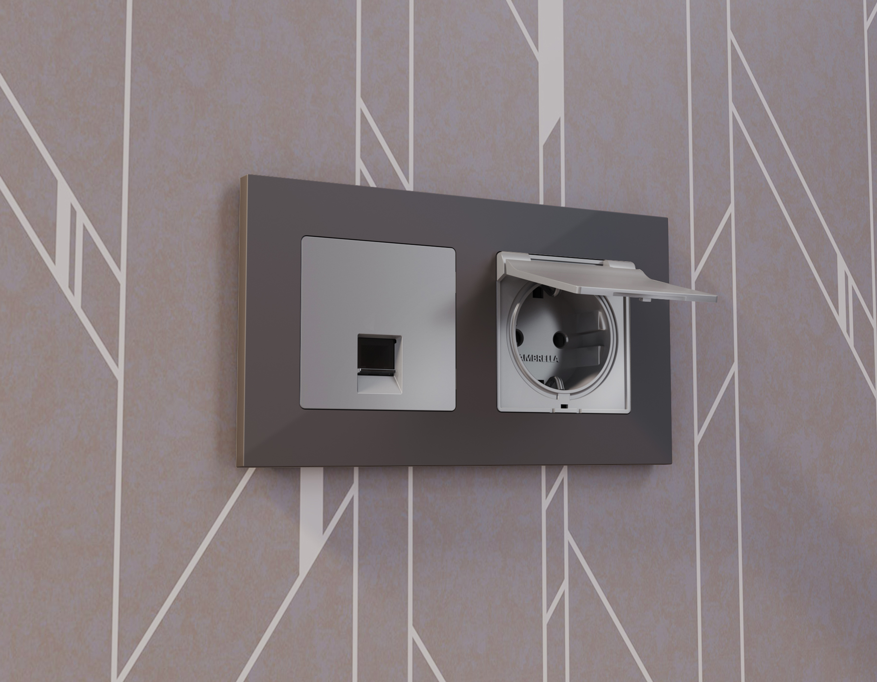 AP5080 Лицевая панель ALFA (Сталь матовый) для электрической розетки с/з со шторками и крышкой IP44 